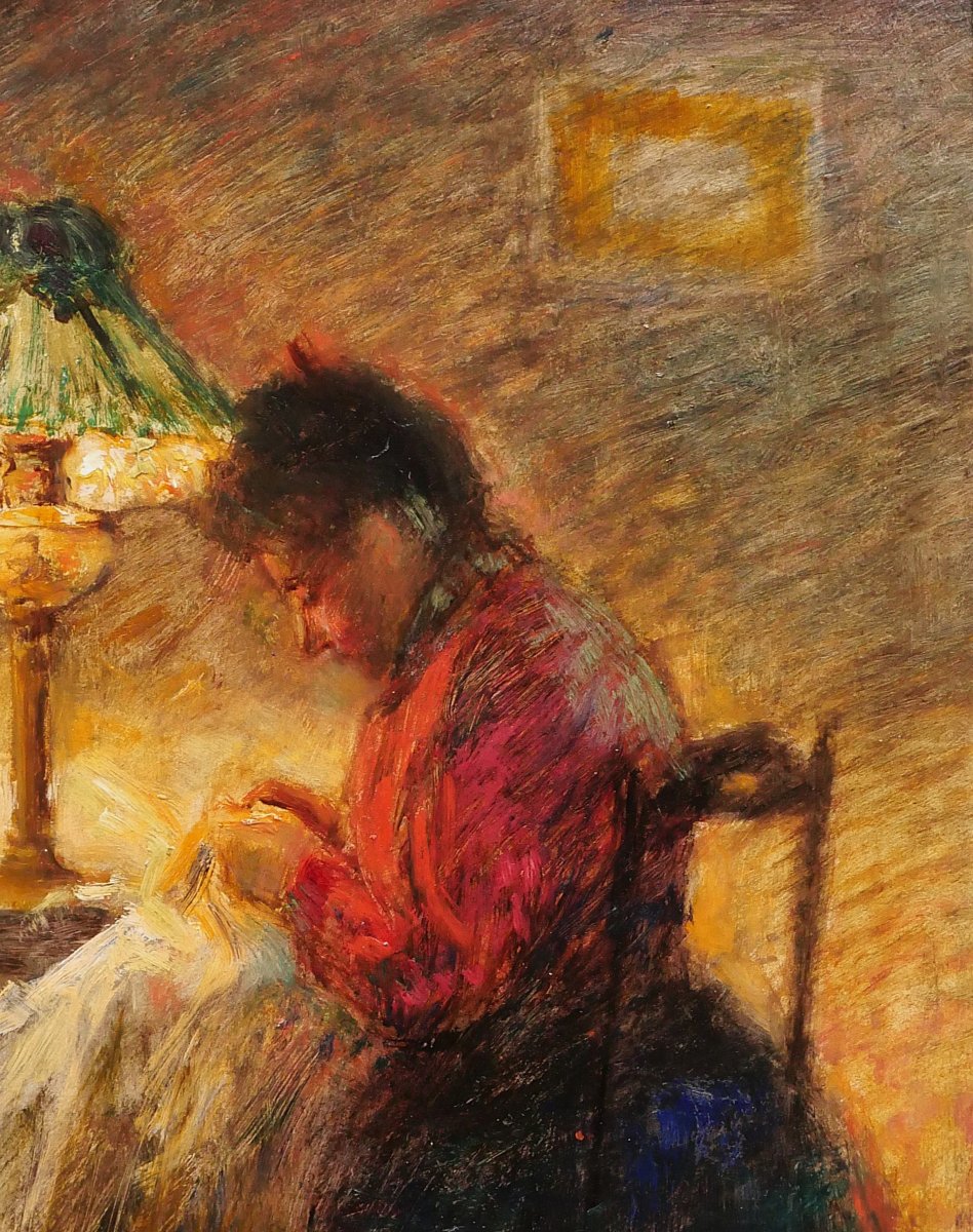 Ecole Française vers 1900, Femme à la couture, tableau, impressionnisme intérieur Art Nouveau-photo-2