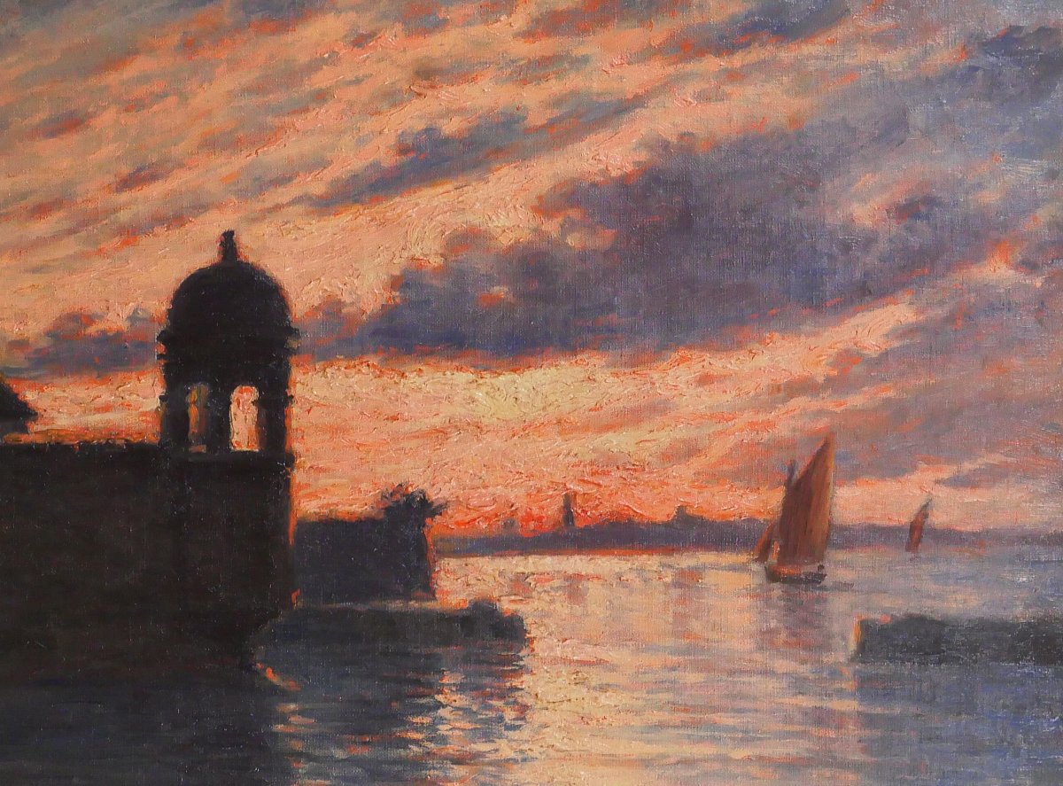Charles MOOTZ 1889-1944 Bretagne, Roscoff, paysage au coucher du soleil, tableau, vers 1920-photo-2