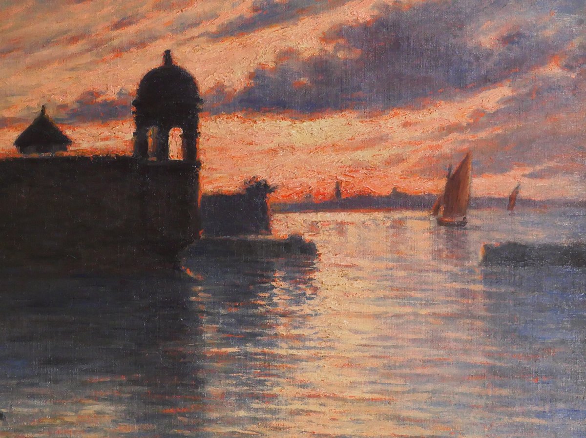 Charles MOOTZ 1889-1944 Bretagne, Roscoff, paysage au coucher du soleil, tableau, vers 1920-photo-3