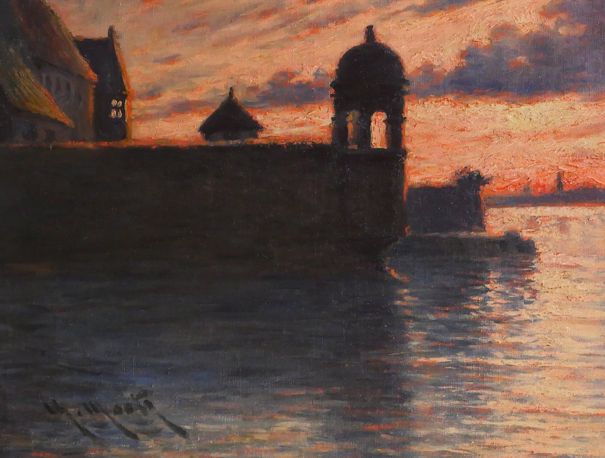Charles MOOTZ 1889-1944 Bretagne, Roscoff, paysage au coucher du soleil, tableau, vers 1920-photo-4