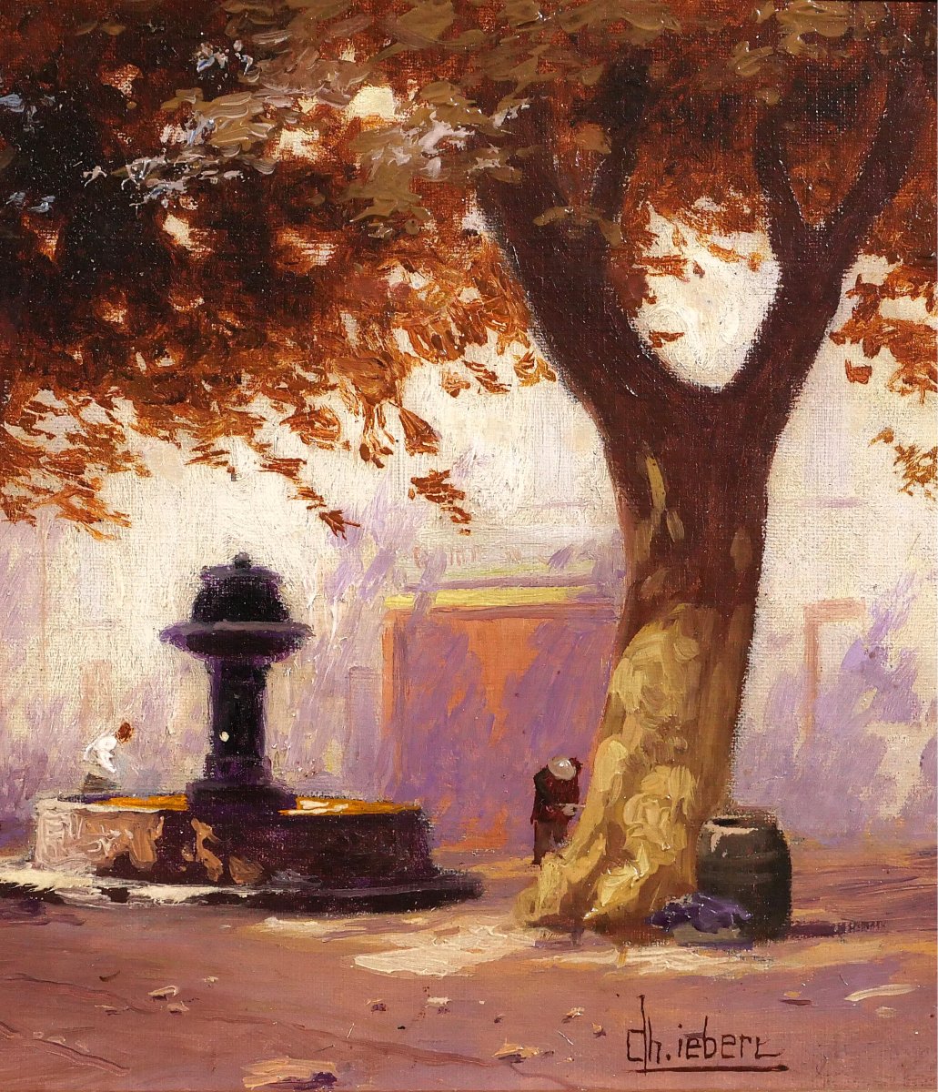 Charles Liebert Provence, Fountain Under The Plane Trees, Painting, Circa 1910-20 Var Landscape-photo-4
