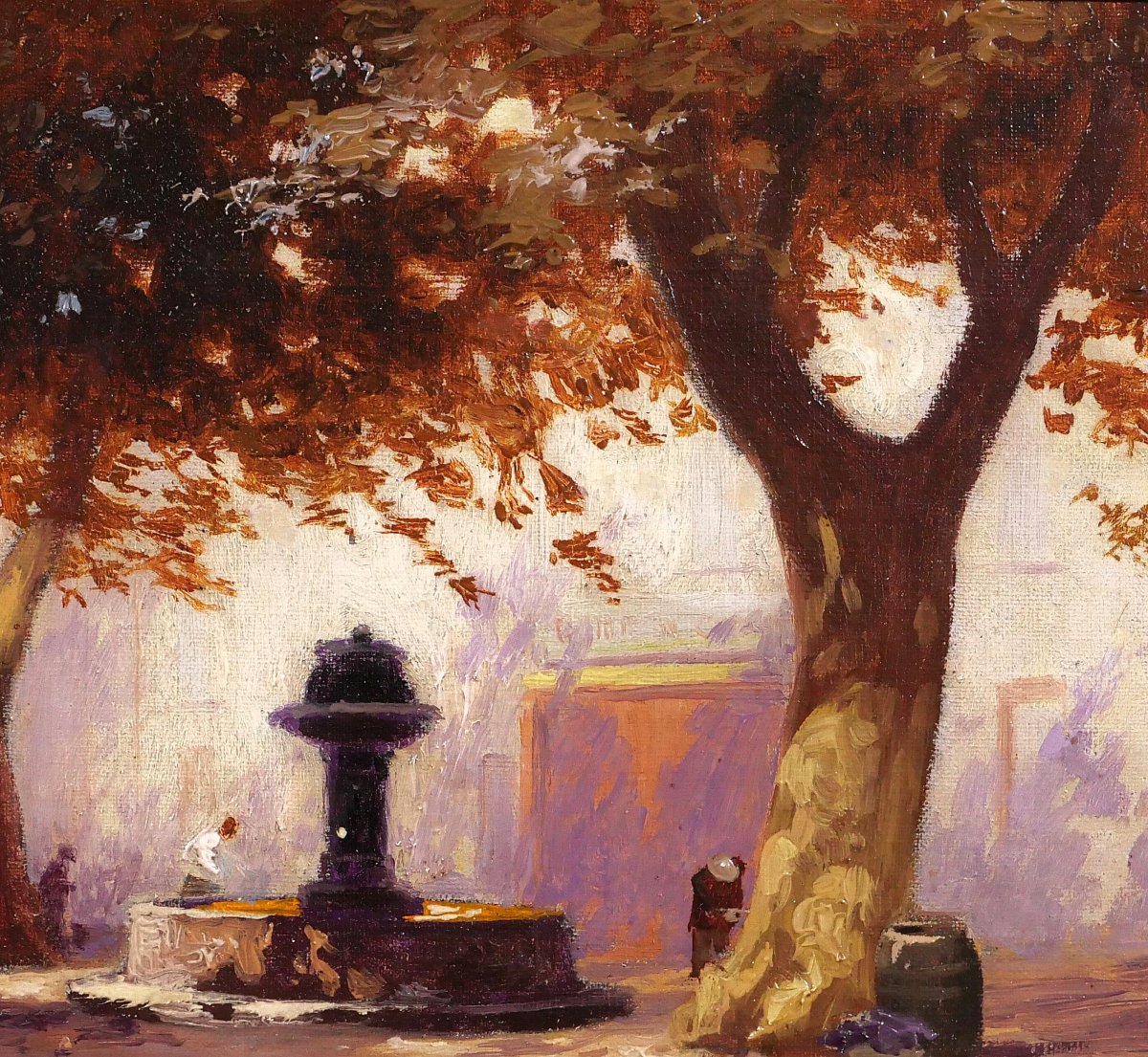 Charles Liebert Provence, Fountain Under The Plane Trees, Painting, Circa 1910-20 Var Landscape-photo-2