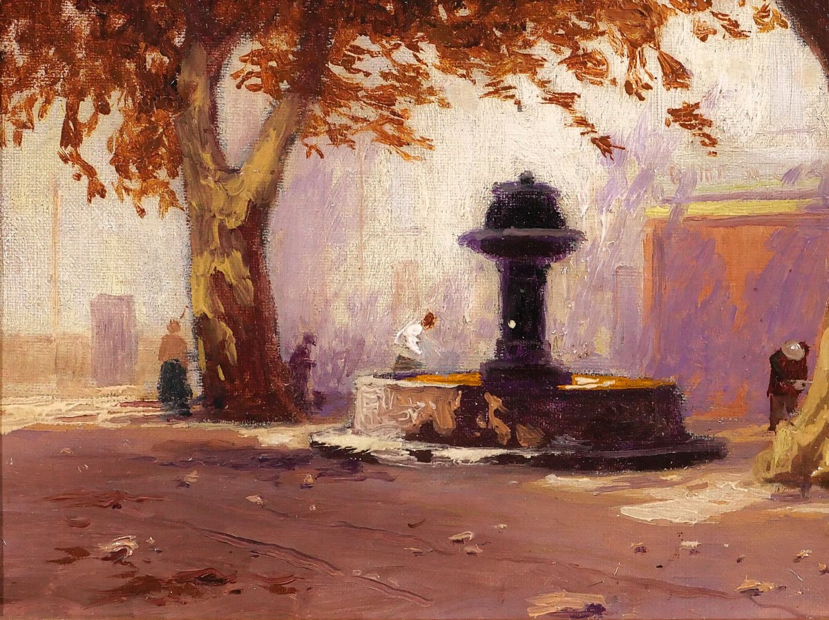 Charles Liebert Provence, Fountain Under The Plane Trees, Painting, Circa 1910-20 Var Landscape-photo-4