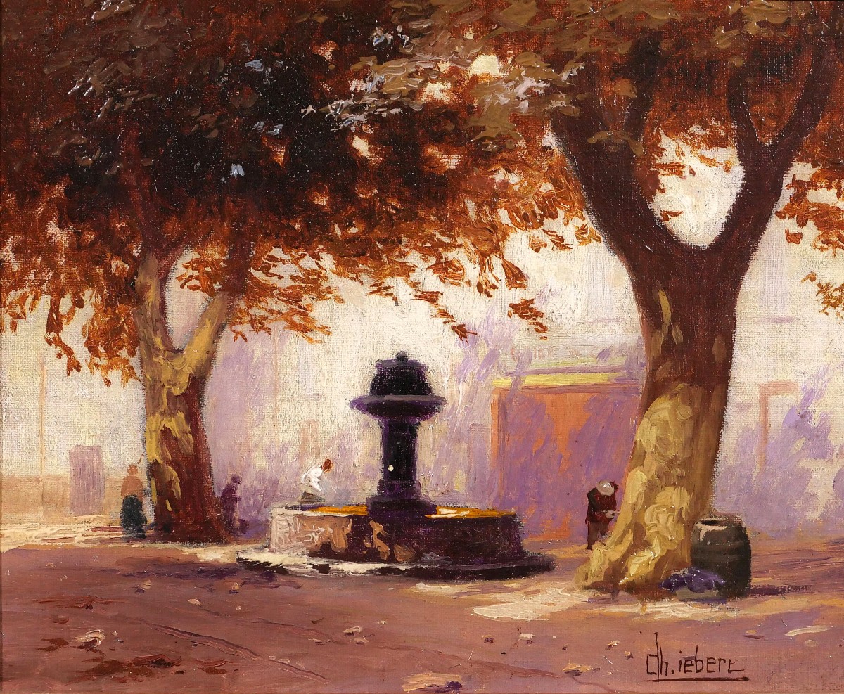 Charles Liebert Provence, Fountain Under The Plane Trees, Painting, Circa 1910-20 Var Landscape