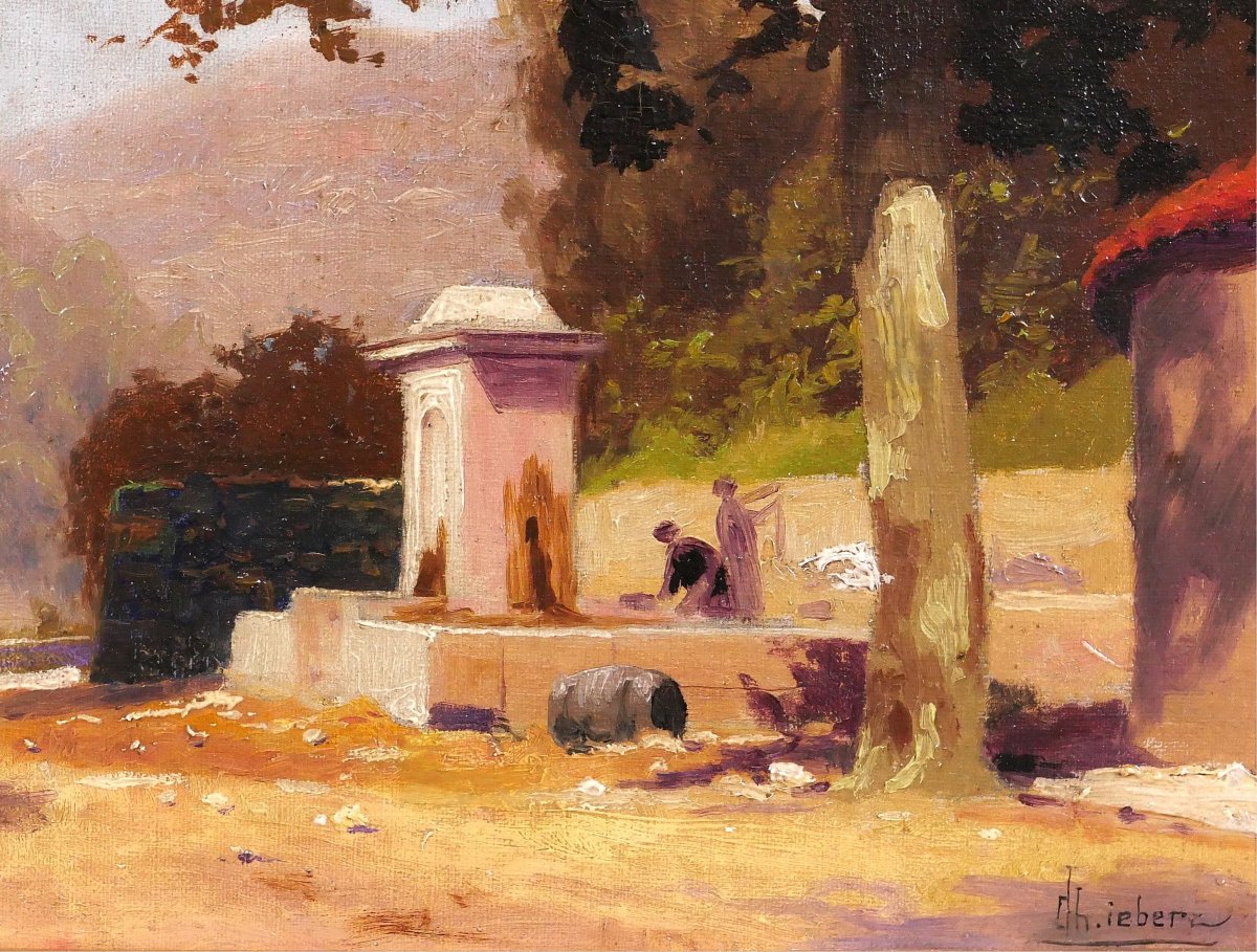 Charles Liebert Provence, Fountain Under The Plane Trees, Painting, Circa 1910-20 Var Landscape-photo-3