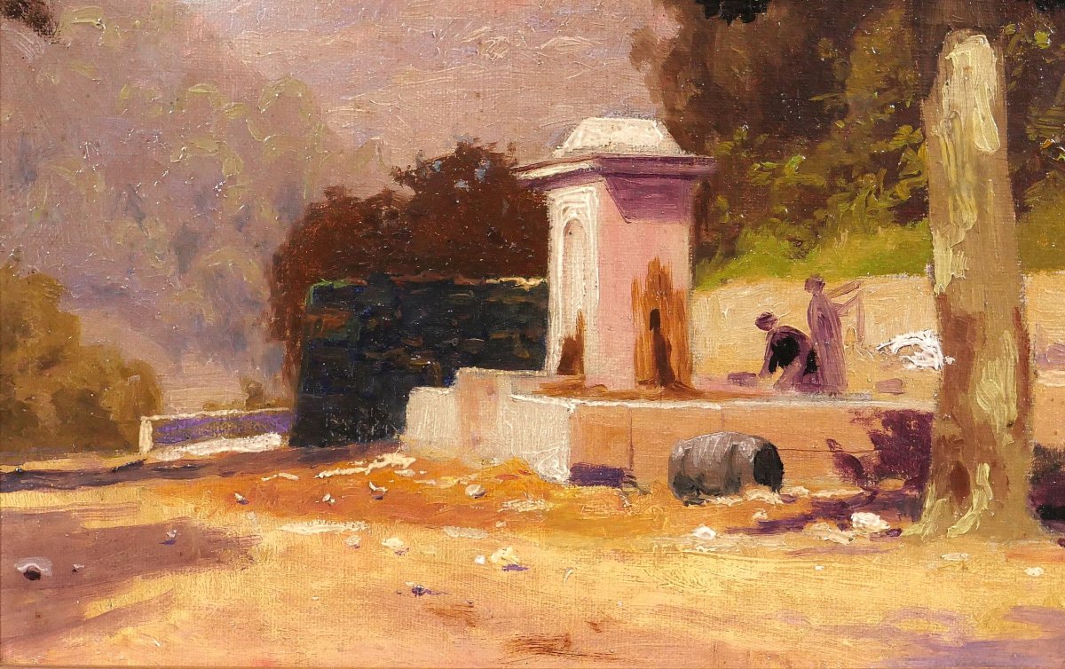 Charles Liebert Provence, Fountain Under The Plane Trees, Painting, Circa 1910-20 Var Landscape-photo-4