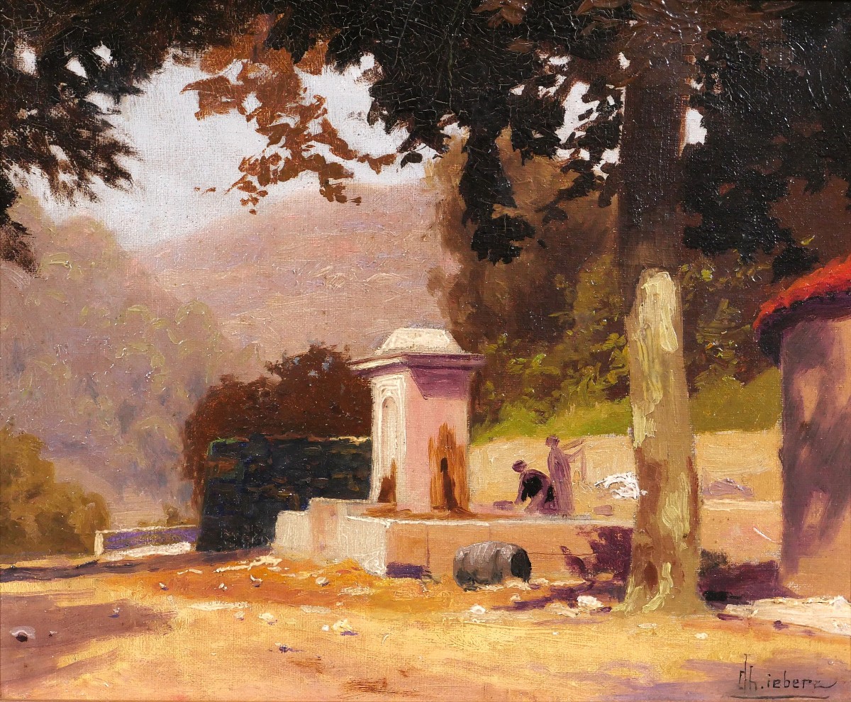 Charles Liebert Provence, Fountain Under The Plane Trees, Painting, Circa 1910-20 Var Landscape