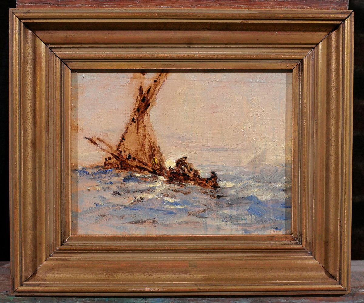 Sauveur BERNAY-THIERIC 1874-1963 Bateau en mer, effet de lumière, tableau, vers 1900-photo-2