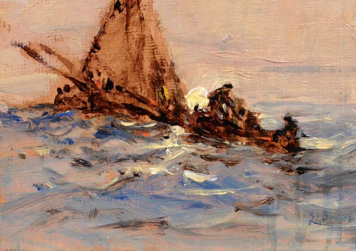 Sauveur BERNAY-THIERIC 1874-1963 Bateau en mer, effet de lumière, tableau, vers 1900-photo-4
