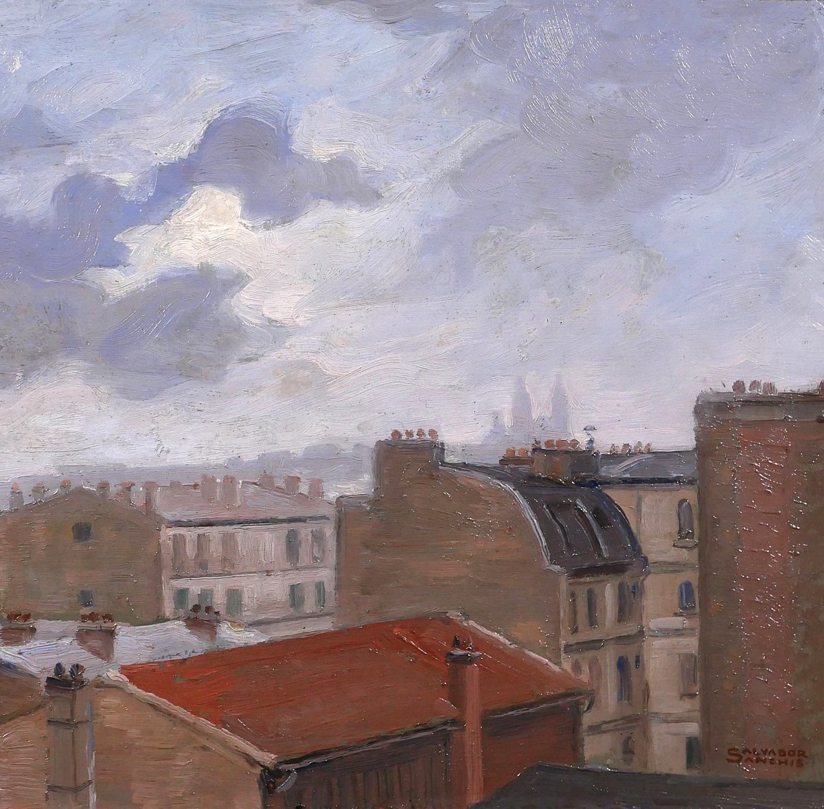 Salvator SANCHIS, Paris, les toits avec Montmartre, tableau paysage, vers 1930-40-photo-4