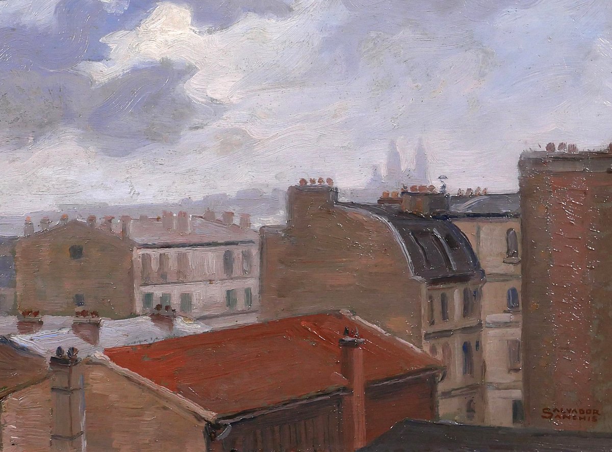 Salvator SANCHIS, Paris, les toits avec Montmartre, tableau paysage, vers 1930-40-photo-3