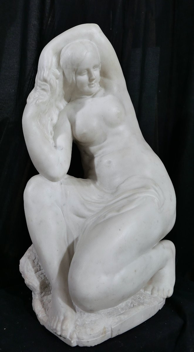 Jules Oscar MAES 1881-1964 Femme nue, baigneuse, sculpture marbre, vers 1920 statue Art Déco-photo-2