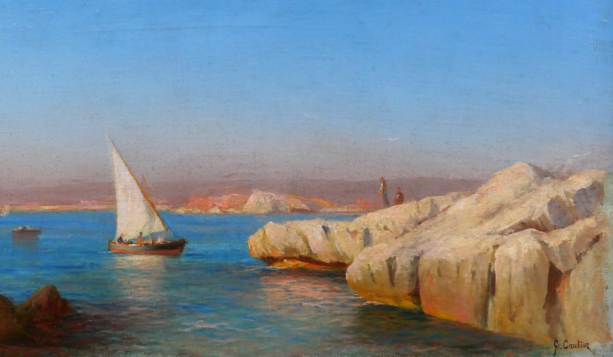 François Gautier 1842-1917 Marseille, bateau en mer, paysage, tableau vers 1890 impressionnisme-photo-3