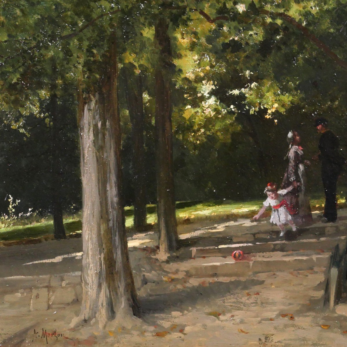 Antoine Morlon 1834-1913 The Meeting In The Park, Impressionist Painting, Circa 1880-photo-3
