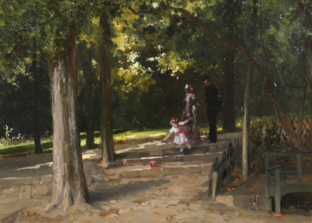 Antoine Morlon 1834-1913 The Meeting In The Park, Impressionist Painting, Circa 1880