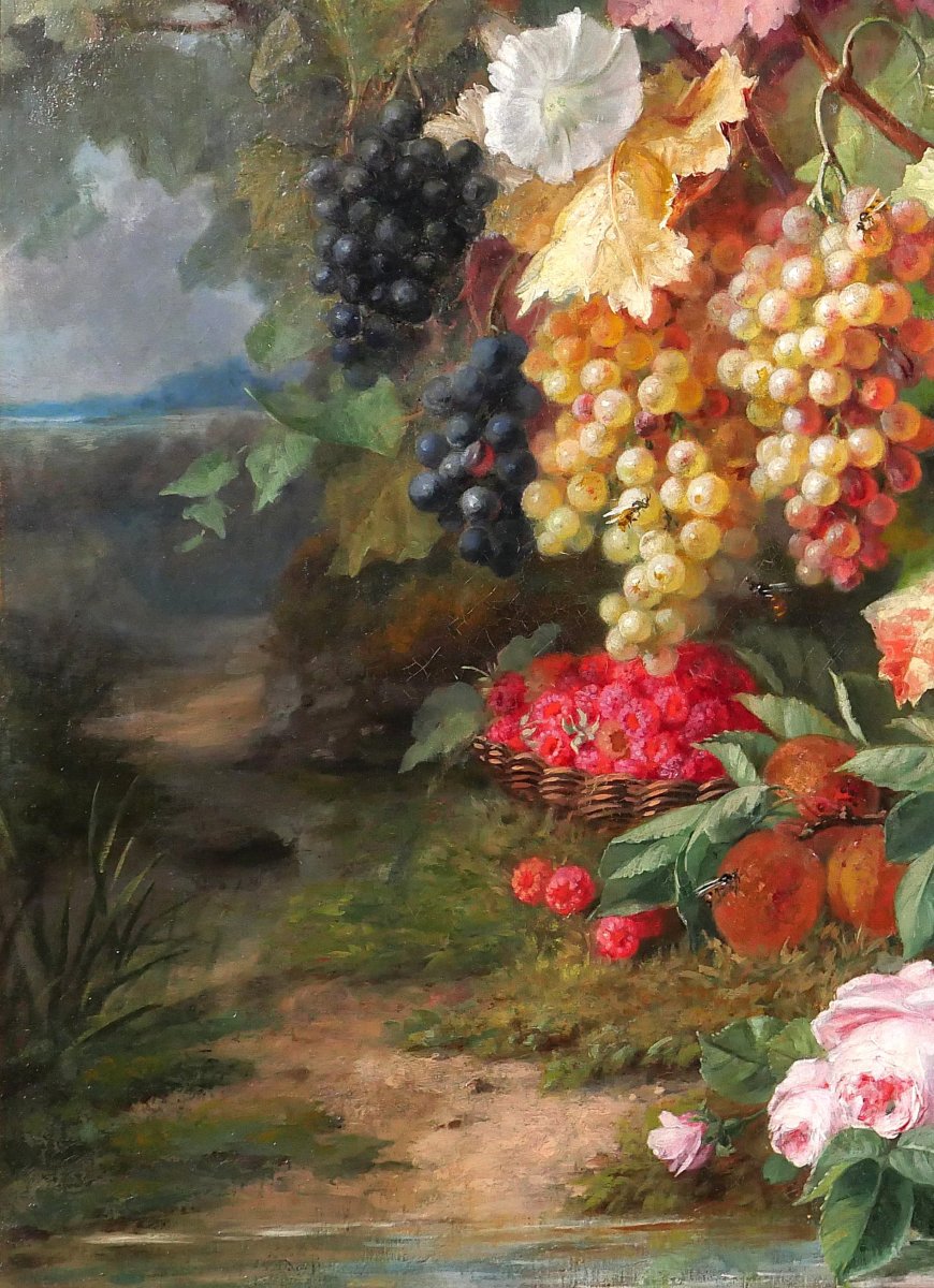 Augustin Maniquet Barjon 1812-1879 Fleurs, raisins et framboises, nature morte, tableau, Lyon-photo-4