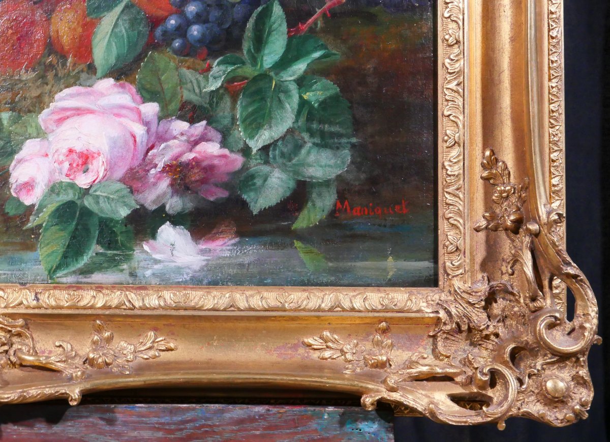 Augustin Maniquet Barjon 1812-1879 Fleurs, raisins et framboises, nature morte, tableau, Lyon-photo-5