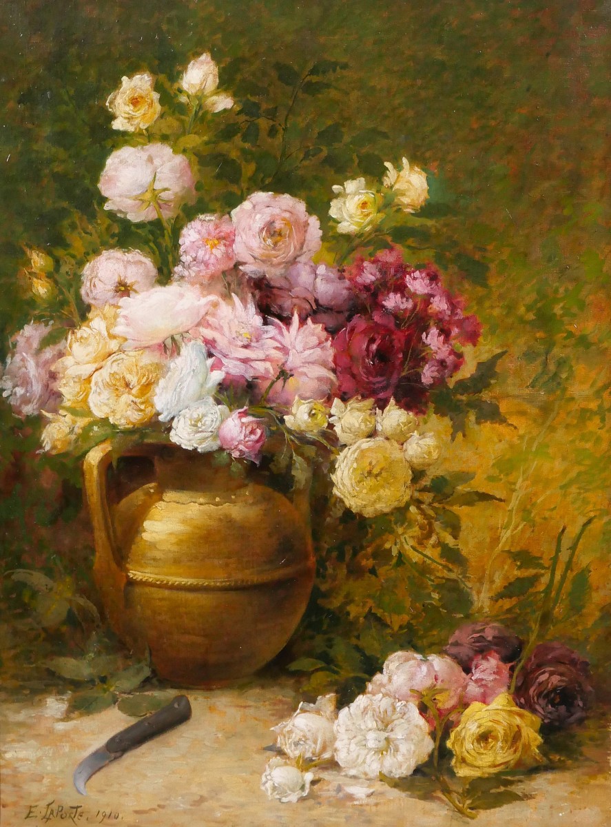 Emile Laporte 1841-1919 Still Life Of Flowers (roses), Large Painting, 1910, Garden