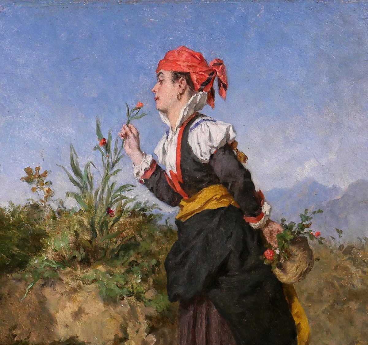 Alexandre Marie Guillemin 1817-1880 Pyrénées, femme respirant une fleur en montagne, tableau-photo-3