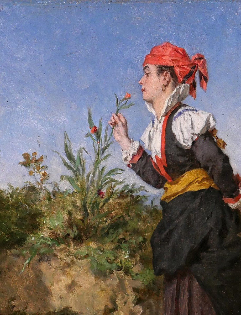 Alexandre Marie Guillemin 1817-1880 Pyrénées, femme respirant une fleur en montagne, tableau-photo-1