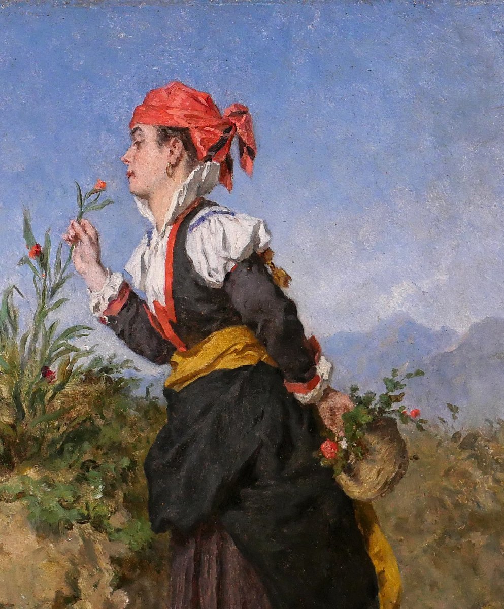 Alexandre Marie Guillemin 1817-1880 Pyrénées, femme respirant une fleur en montagne, tableau-photo-2