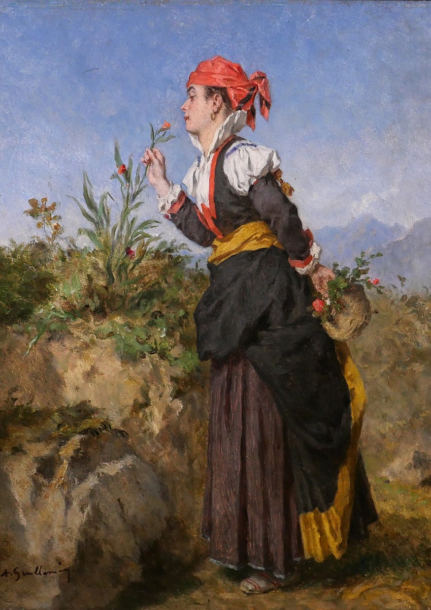 Alexandre Marie Guillemin 1817-1880 Pyrénées, femme respirant une fleur en montagne, tableau