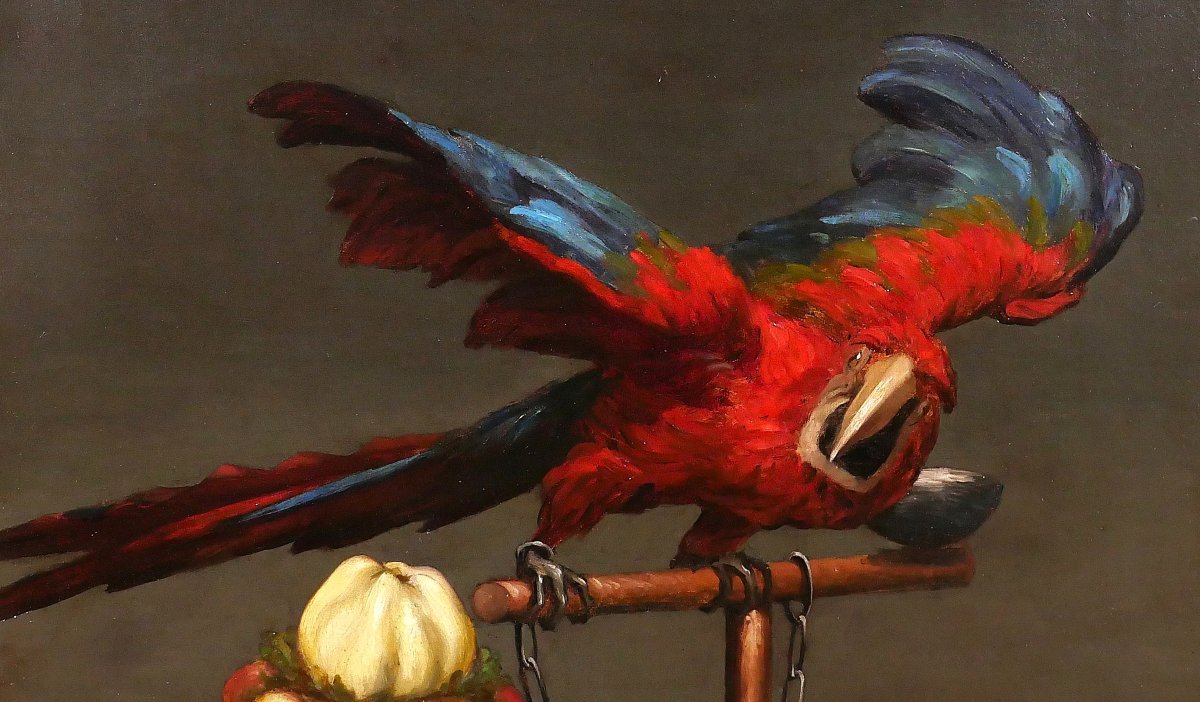 Paul-Désiré TROUILLEBERT 1831-1900 Perroquet et nature morte de fruits, tableau, vers 1870-photo-1
