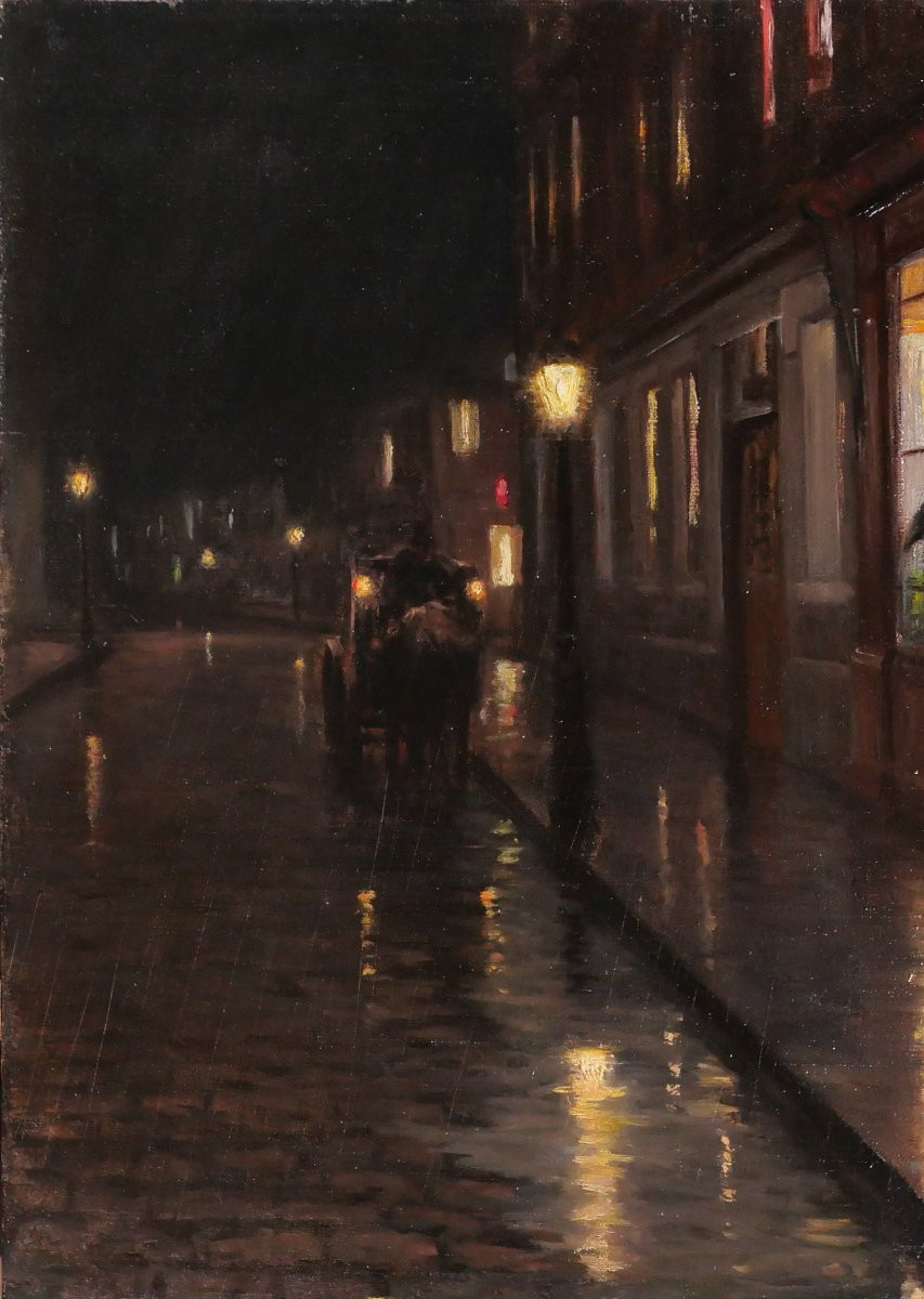 Frédéric Levé 1877-1968 Couple Kissing At Night In Paris, Painting, Circa 1908 Impressionism-photo-3
