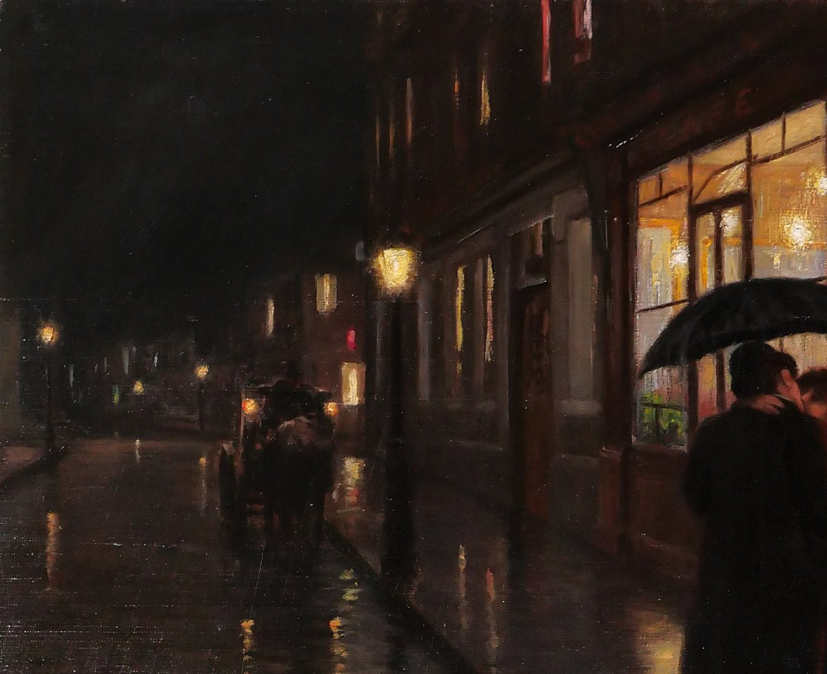 Frédéric Levé 1877-1968 Couple Kissing At Night In Paris, Painting, Circa 1908 Impressionism-photo-1