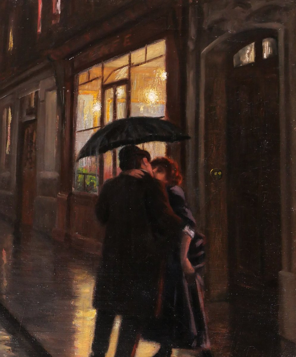 Frédéric Levé 1877-1968 Couple Kissing At Night In Paris, Painting, Circa 1908 Impressionism-photo-2