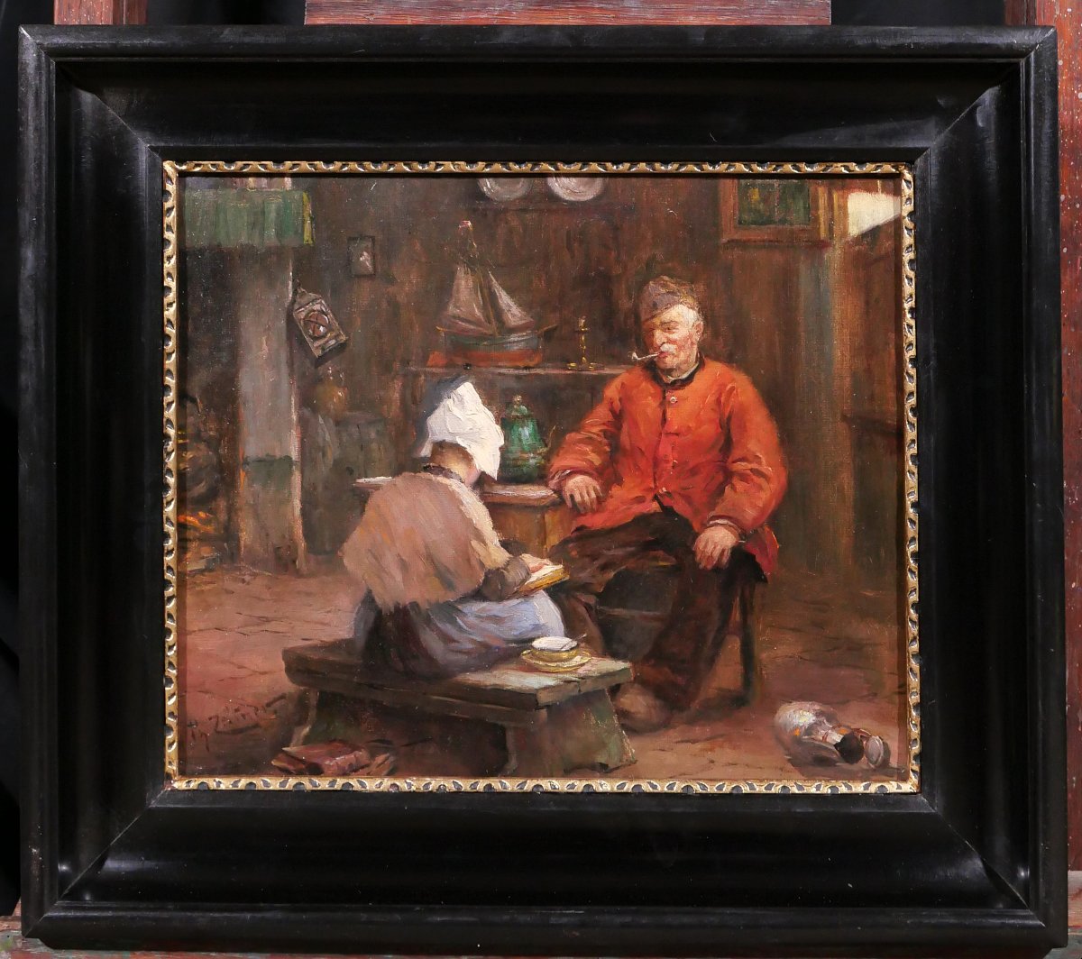 Philipp ZELTNER 1865-1946 Couple dans un intérieur, tableau, vers 1900 Pays-Bas Allemagne-photo-2