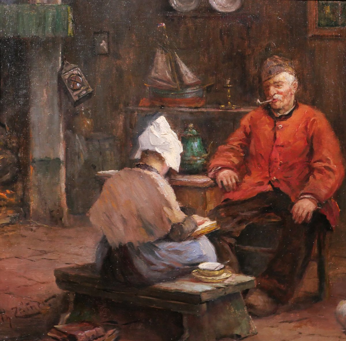 Philipp ZELTNER 1865-1946 Couple dans un intérieur, tableau, vers 1900 Pays-Bas Allemagne-photo-3