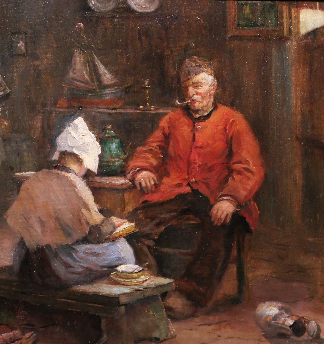 Philipp ZELTNER 1865-1946 Couple dans un intérieur, tableau, vers 1900 Pays-Bas Allemagne-photo-4