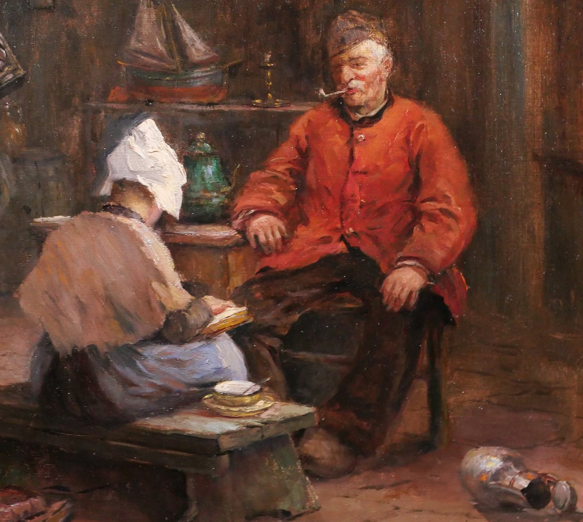 Philipp ZELTNER 1865-1946 Couple dans un intérieur, tableau, vers 1900 Pays-Bas Allemagne-photo-3