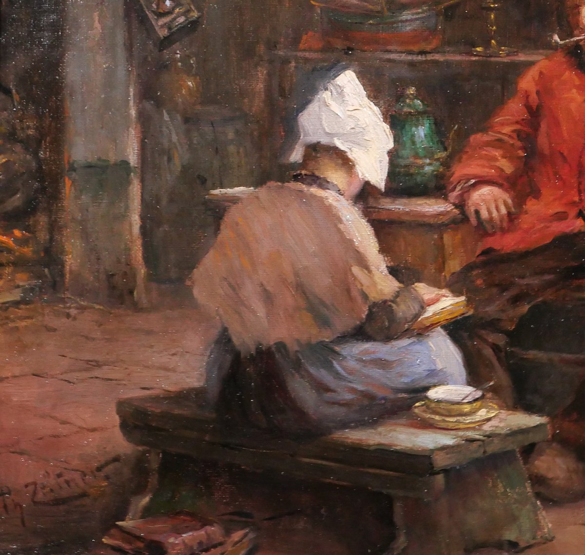 Philipp ZELTNER 1865-1946 Couple dans un intérieur, tableau, vers 1900 Pays-Bas Allemagne-photo-4
