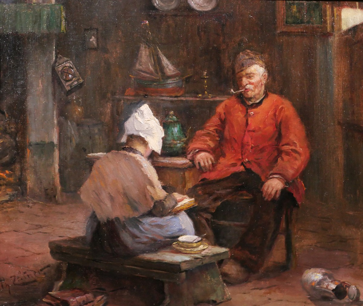 Philipp ZELTNER 1865-1946 Couple dans un intérieur, tableau, vers 1900 Pays-Bas Allemagne