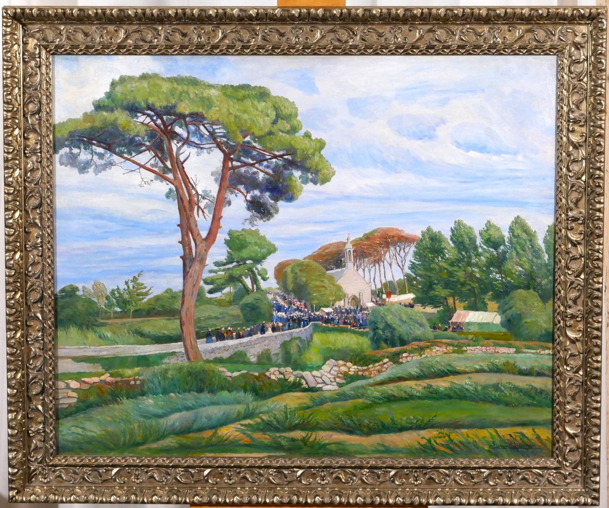 Edmond Champon 1879-1963 Brittany, Loctudy, Scene Of Pardon, Large Painting 1911 Landscape-photo-2