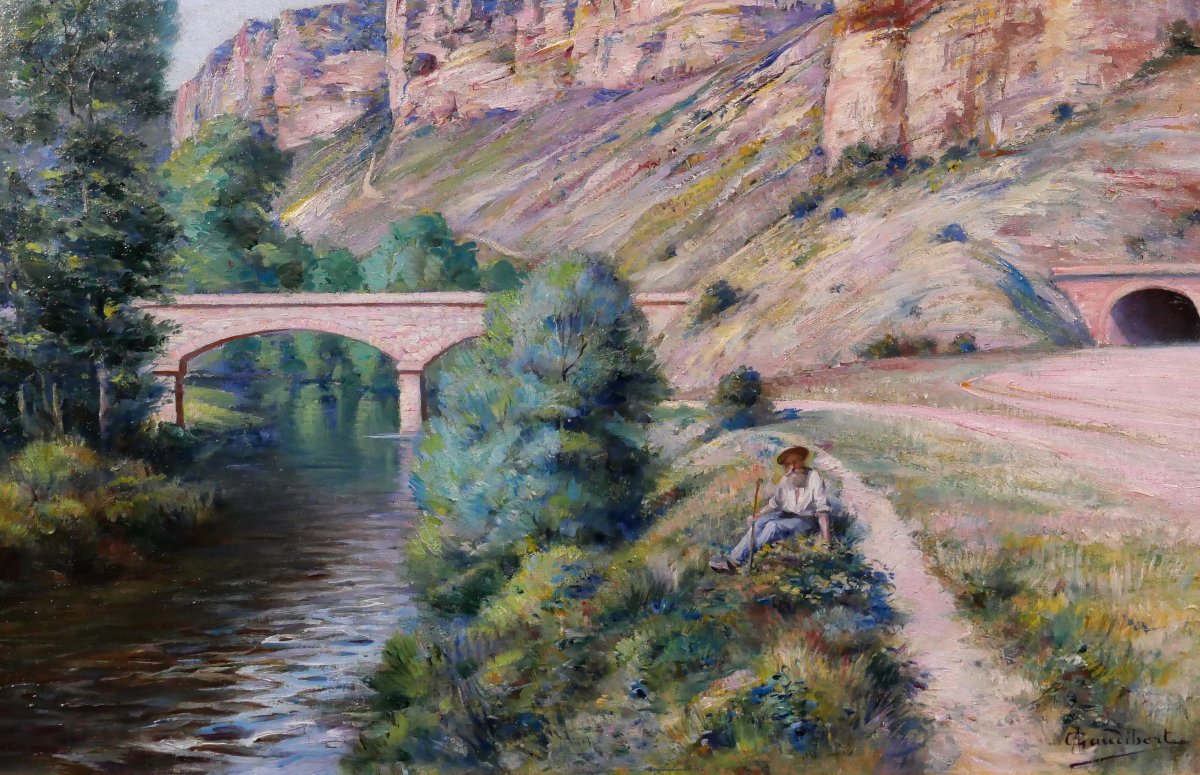 Auguste GAUDIBERT 1865-1908  Bourgogne, Yonne, Arcy-sur-Cure, paysage, tableau vers 1900-photo-3