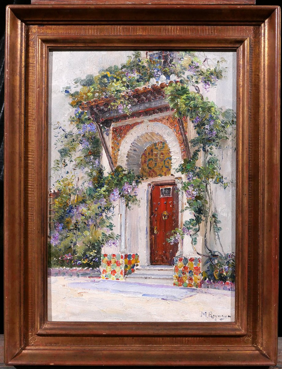 Marius Reynaud 1860-1935 Algérie, Alger, vue d'une porte, tableau, 1910-20 fleurs jardin-photo-2