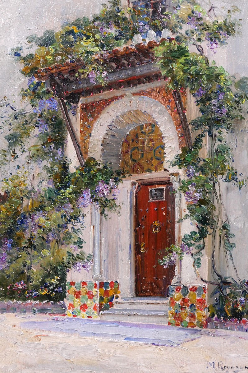 Marius Reynaud 1860-1935 Algérie, Alger, vue d'une porte, tableau, 1910-20 fleurs jardin