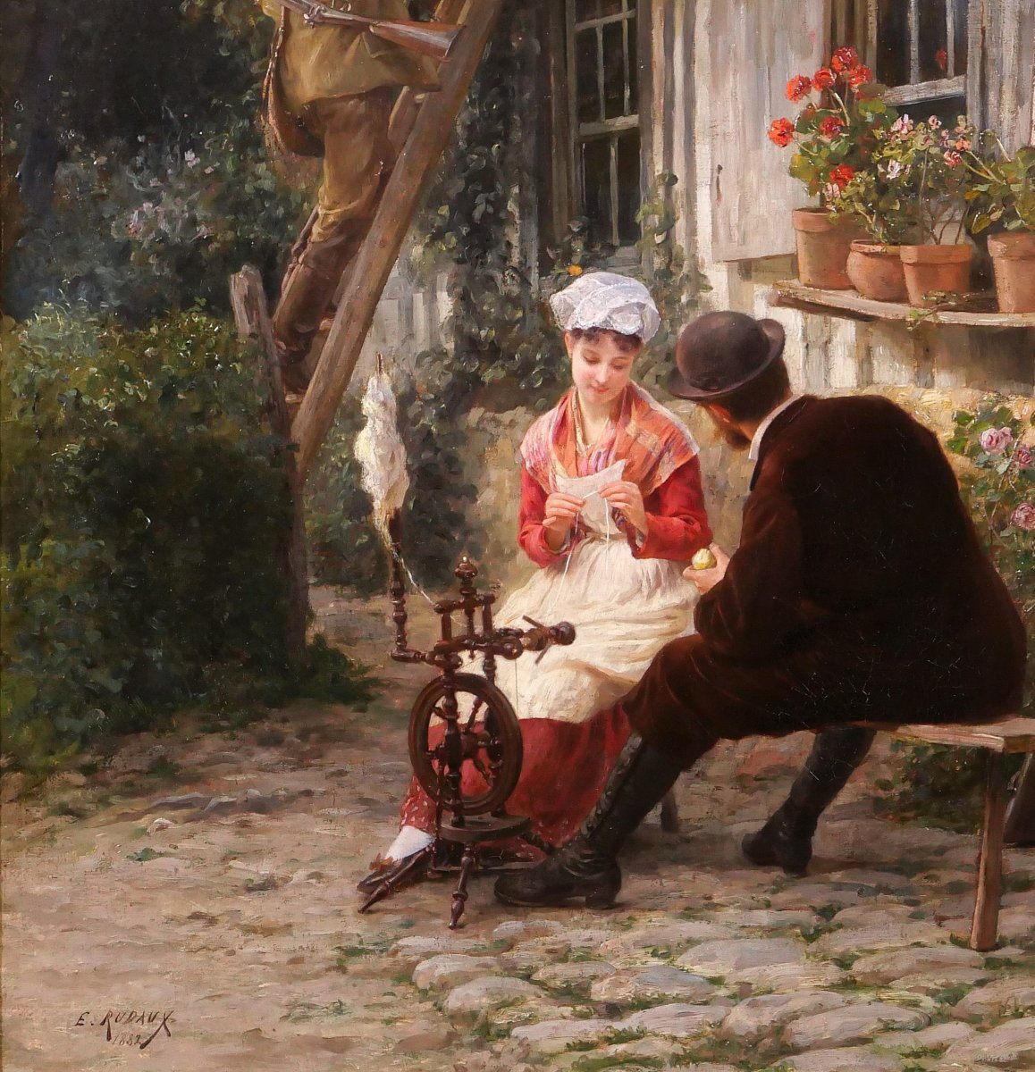 Edmond RUDAUX 1840-1908 Femme au jardin, le retour de la chasse, tableau, 1882, impressionnisme-photo-4