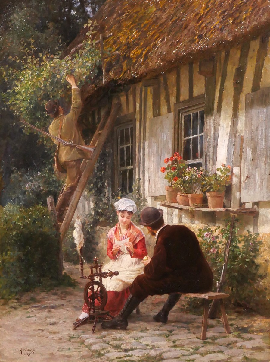 Edmond RUDAUX 1840-1908 Femme au jardin, le retour de la chasse, tableau, 1882, impressionnisme