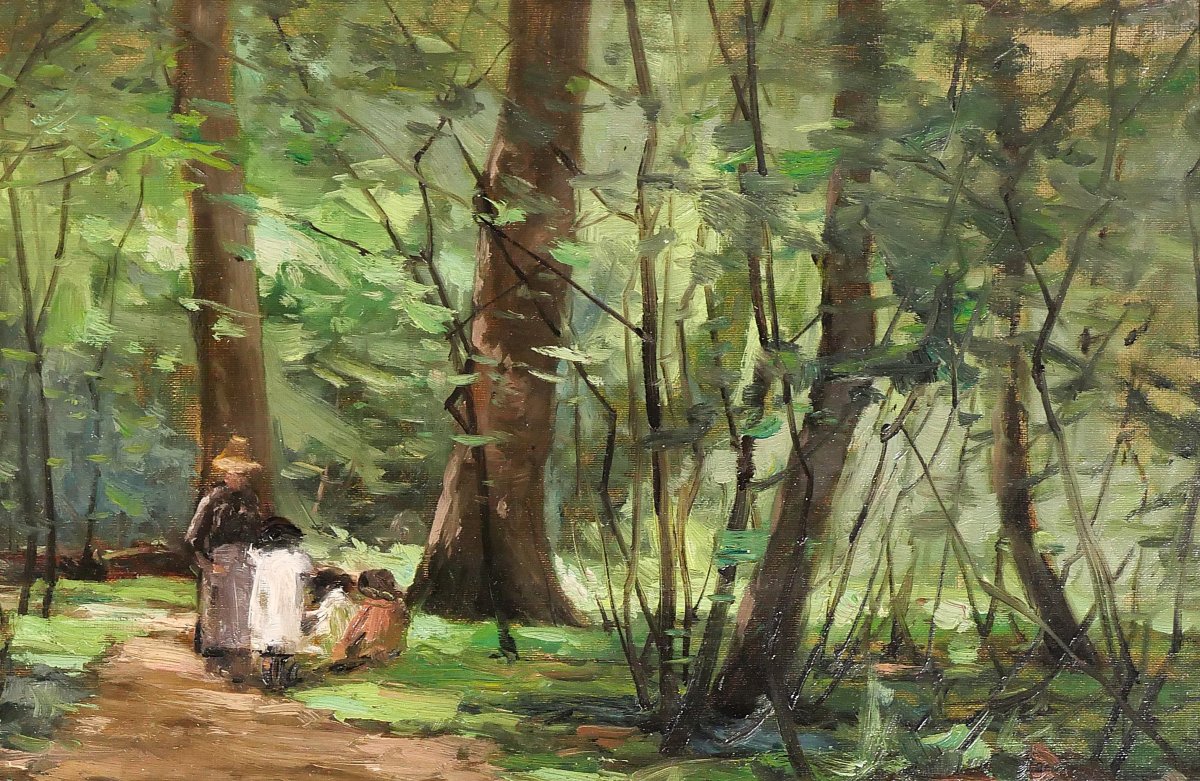 Joseph-charles François 1851-1940 Forest Landscape, Woman And Children, Impressionism Belgium-photo-2