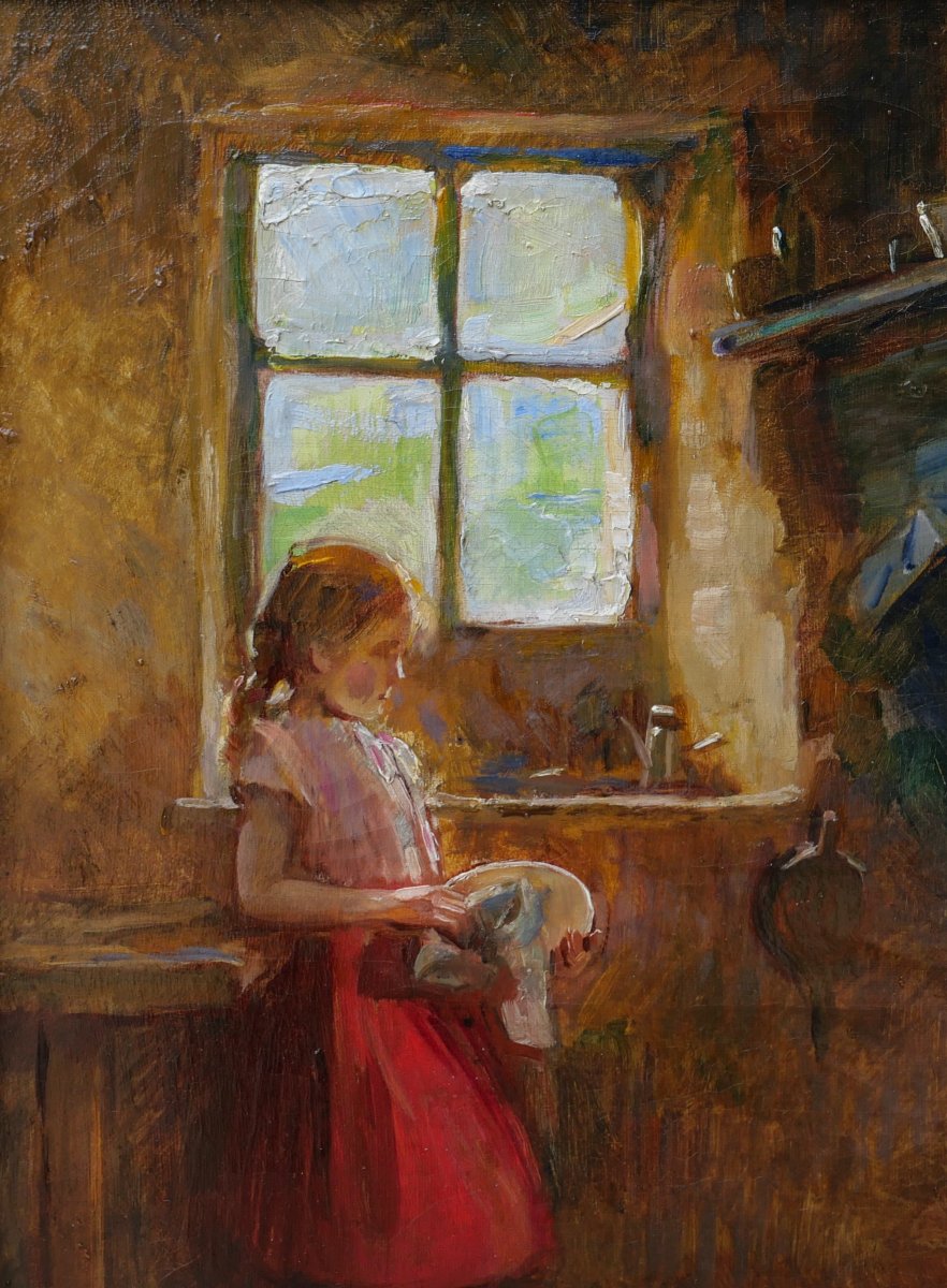 René-Louis Chrétien 1867-1945 Jeune fille dans un intérieur, tableau, vers 1900 impressionnisme-photo-1