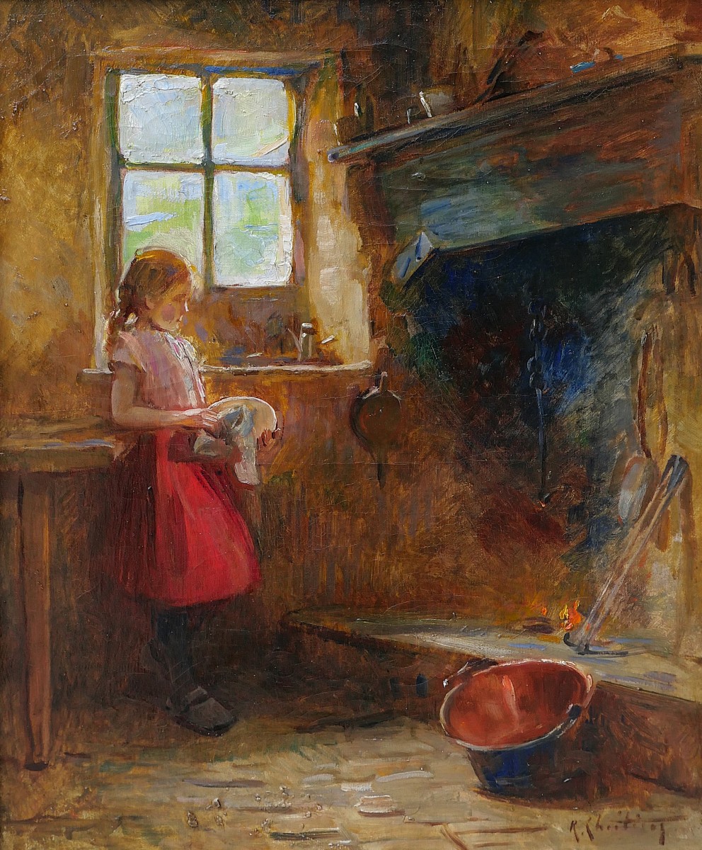 René-Louis Chrétien 1867-1945 Jeune fille dans un intérieur, tableau, vers 1900 impressionnisme