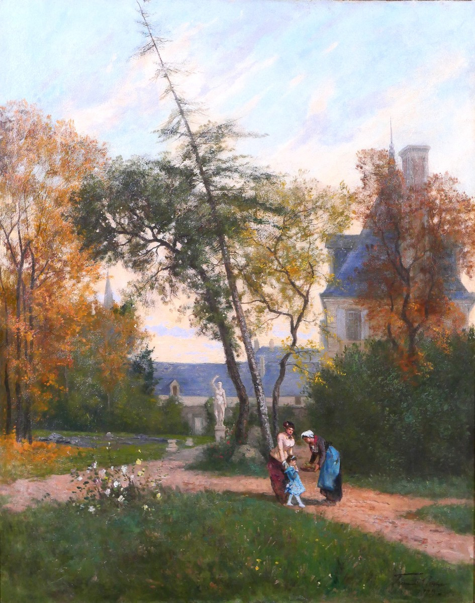 Fernand LUTSCHER 1848-1923 La rencontre dans le parc du chateau, grand tableau, 1879 paysage