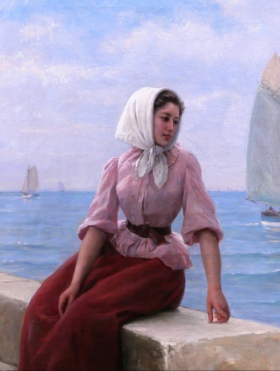 Charles Escudier 1848-1923 Woman At The Seaside Waiting For The Boat To Return, Painting, 1902-photo-1