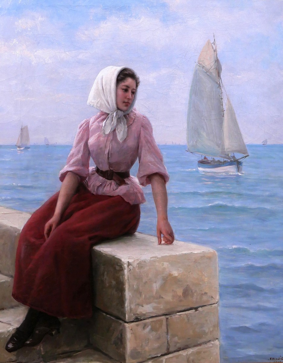 Charles Escudier 1848-1923 Woman At The Seaside Waiting For The Boat To Return, Painting, 1902