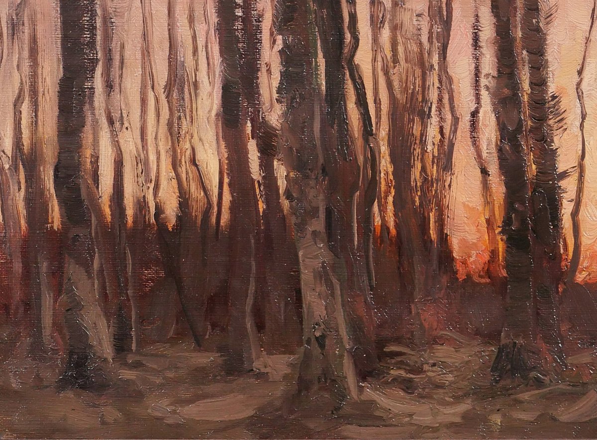Joseph François 1851-1940 Arbres au coucher de soleil, paysage tableau impressionnisme Barbizon-photo-3