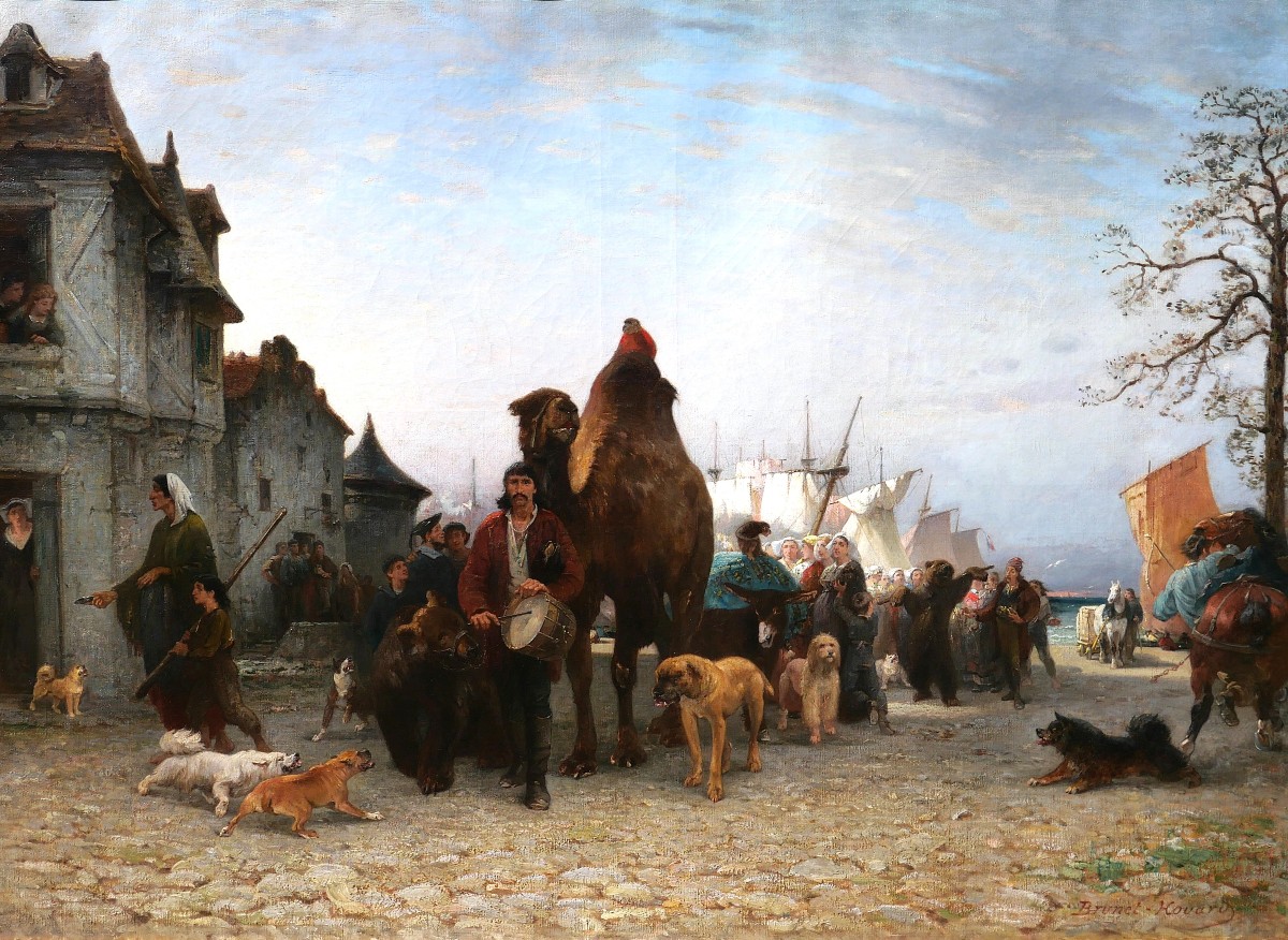 P.-A. Brunet-Houard 1827-1922 Saltimbanques avec leurs animaux en Bretagne, tableau, 1873